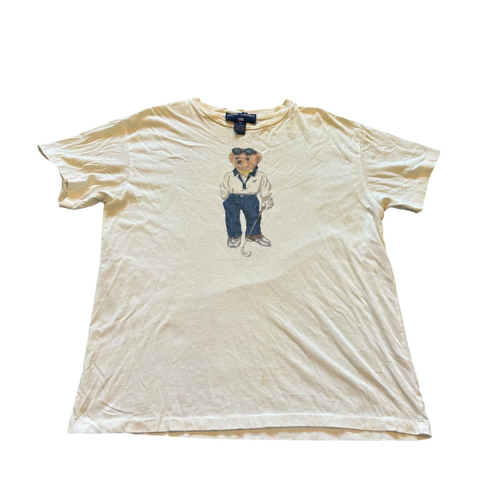 Vintage Ralph Lauren Golf Polo Bear T-Shirt Cream Mens M Made in USA Vintage 80s